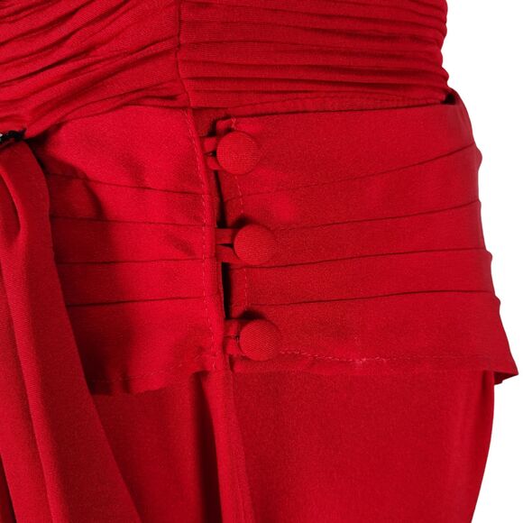 Vintage 90s Red Fitted Midi Cocktail Dress Size S Draped Open Back Square Neck - Picture 13 of 16